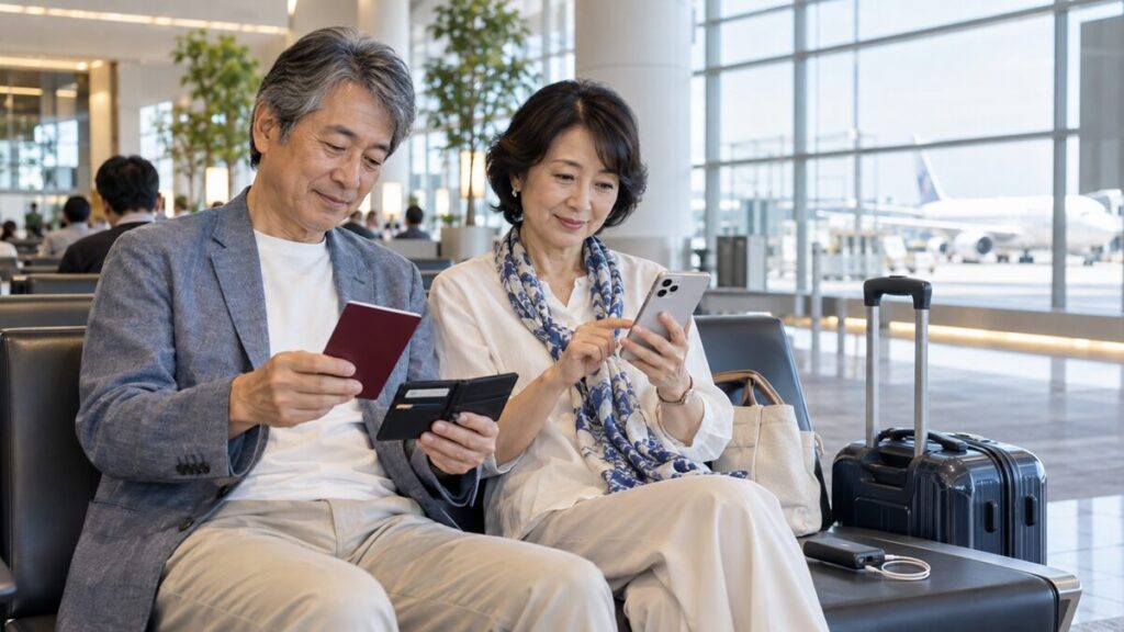 空港の待合スペースで、日本人らしい50〜60代の男女が座り、男性はパスポートと財布、女性はスマートフォンを確認している