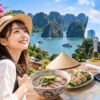 ベトナム旅行費用をイメージしたハロン湾やホイアン、ホーチミンの観光風景と日本人旅行者、フォー、飛行機、スーツケース