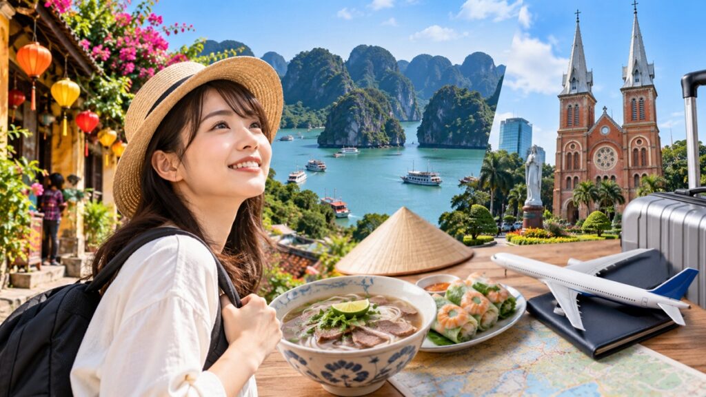ベトナム旅行費用をイメージしたハロン湾やホイアン、ホーチミンの観光風景と日本人旅行者、フォー、飛行機、スーツケース