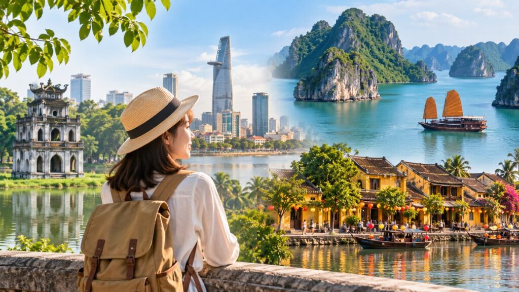 ベトナム旅行のモデルコースをイメージしたハノイ・ホーチミン・ハロン湾・ホイアンの観光風景
