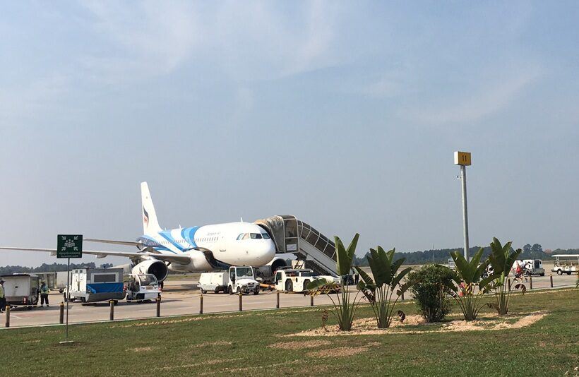 旅客機が駐機し、搭乗用タラップや空港作業車が見える。手前には南国らしいヤシの木や緑地が広がっている。