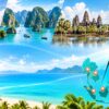 タイのワット・アルン、ベトナムのハロン湾、カンボジアのアンコールワット、インドネシア・バリ島の寺院など、東南アジアの観光名所を背景に、eSIMを表示したスマートフォンを配置