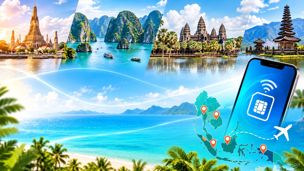 タイのワット・アルン、ベトナムのハロン湾、カンボジアのアンコールワット、インドネシア・バリ島の寺院など、東南アジアの観光名所を背景に、eSIMを表示したスマートフォンを配置