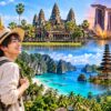 東南アジア旅行のおすすめ観光地を比較するイメージ。男性旅行者とタイの寺院、アンコール・ワット、シンガポールの街並み、南国の海や棚田