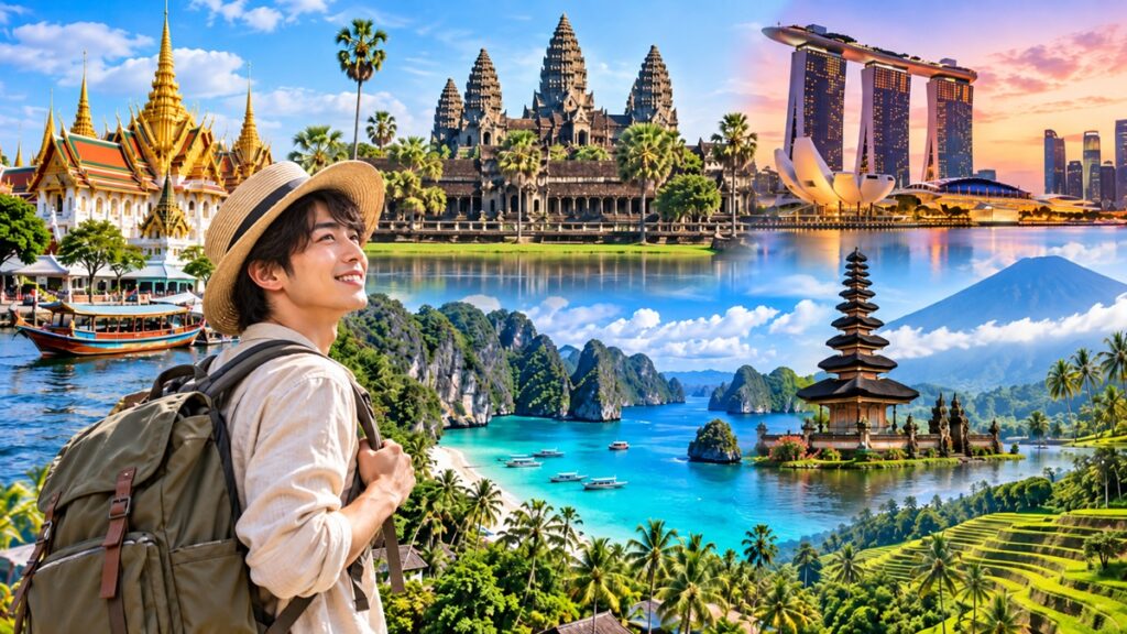 東南アジア旅行のおすすめ観光地を比較するイメージ。男性旅行者とタイの寺院、アンコール・ワット、シンガポールの街並み、南国の海や棚田