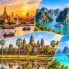 東南アジア周遊旅行のイメージ。タイのワット・アルン、ベトナムのハロン湾、カンボジアのアンコール・ワット、南国の美しいビーチを組み合わせた風景