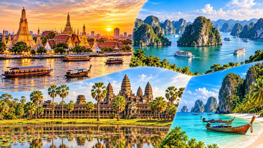 東南アジア周遊旅行のイメージ。タイのワット・アルン、ベトナムのハロン湾、カンボジアのアンコール・ワット、南国の美しいビーチを組み合わせた風景