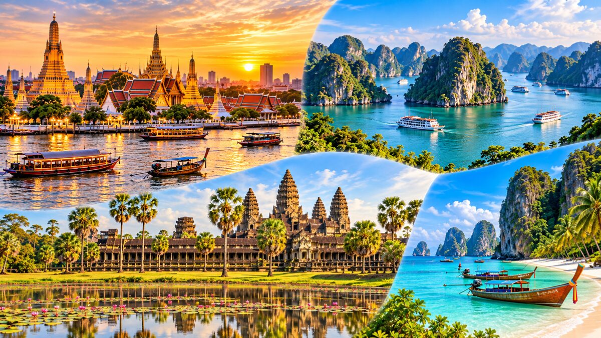 東南アジア周遊旅行のイメージ。タイのワット・アルン、ベトナムのハロン湾、カンボジアのアンコール・ワット、南国の美しいビーチを組み合わせた風景